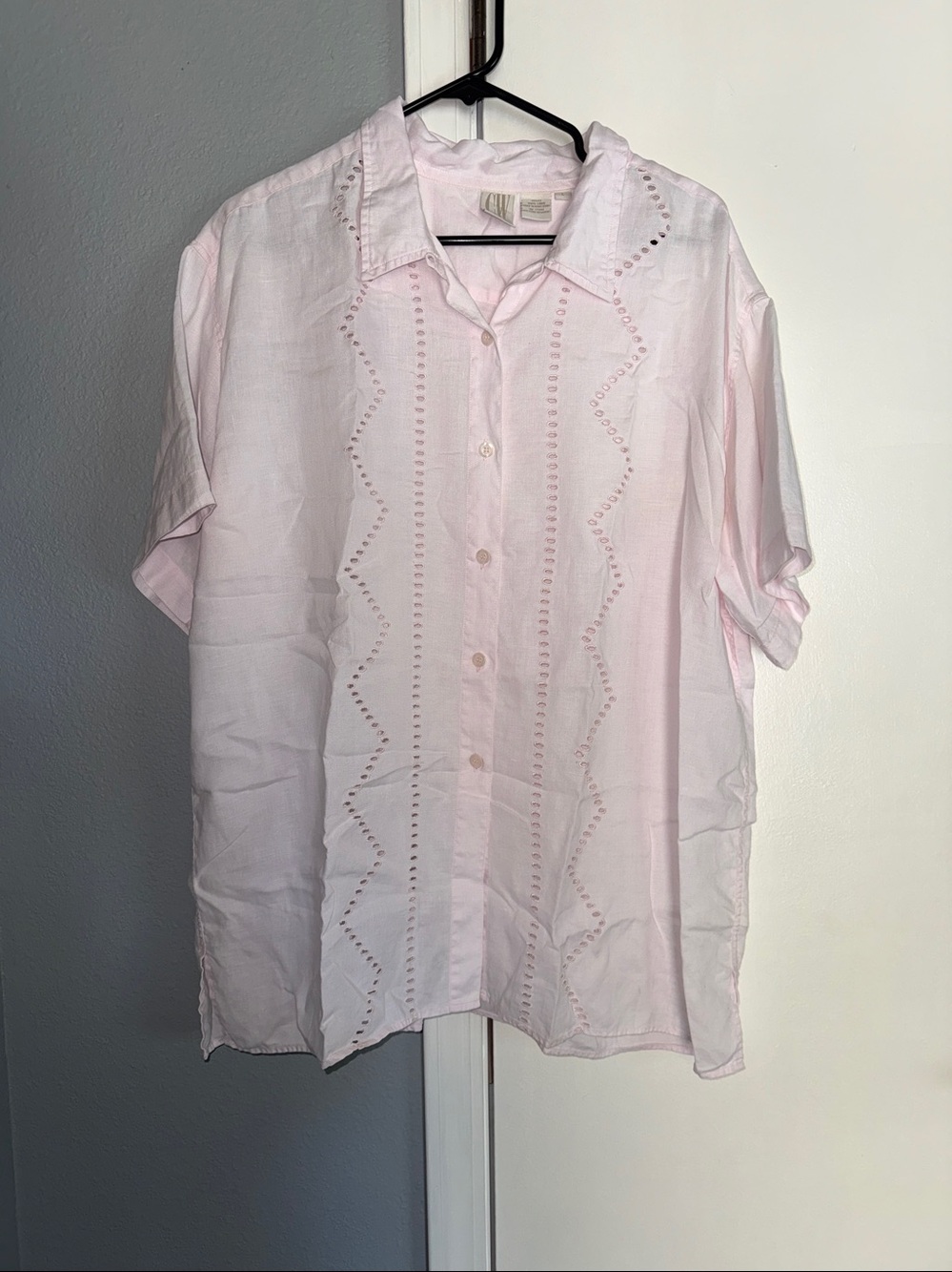 CW Linen Short sleeve Button Down Lace Shirt light pink sz L
